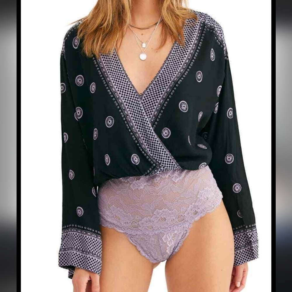 Free People Black Printed Wrap Blouse
